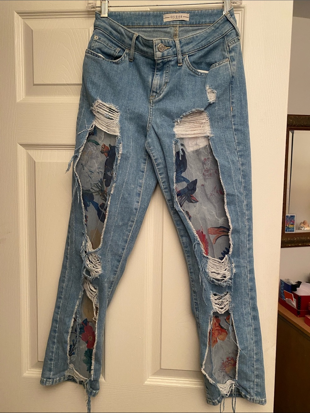 Guess Light Blue Distressed Jeans with Floral Patch